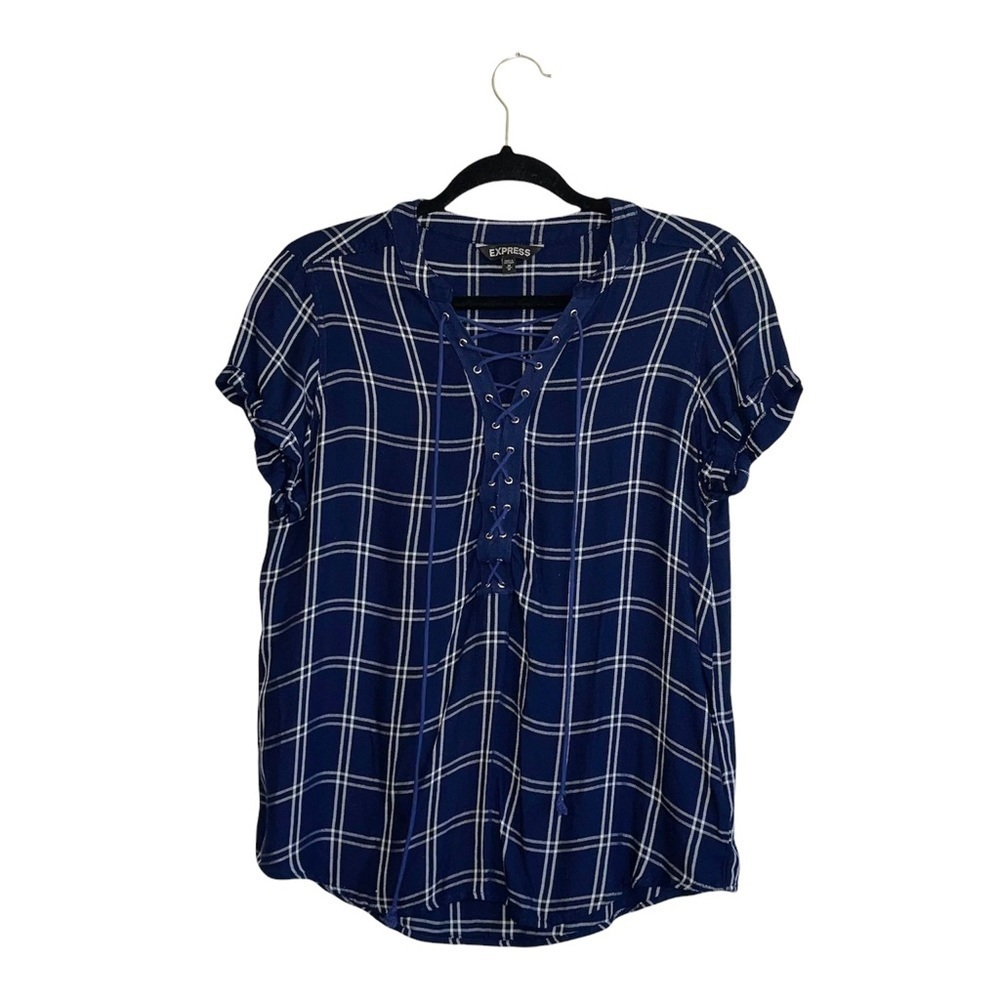 Express Navy Blue & White Window Panel Plaid Print Lace-up Top Medium Women’s